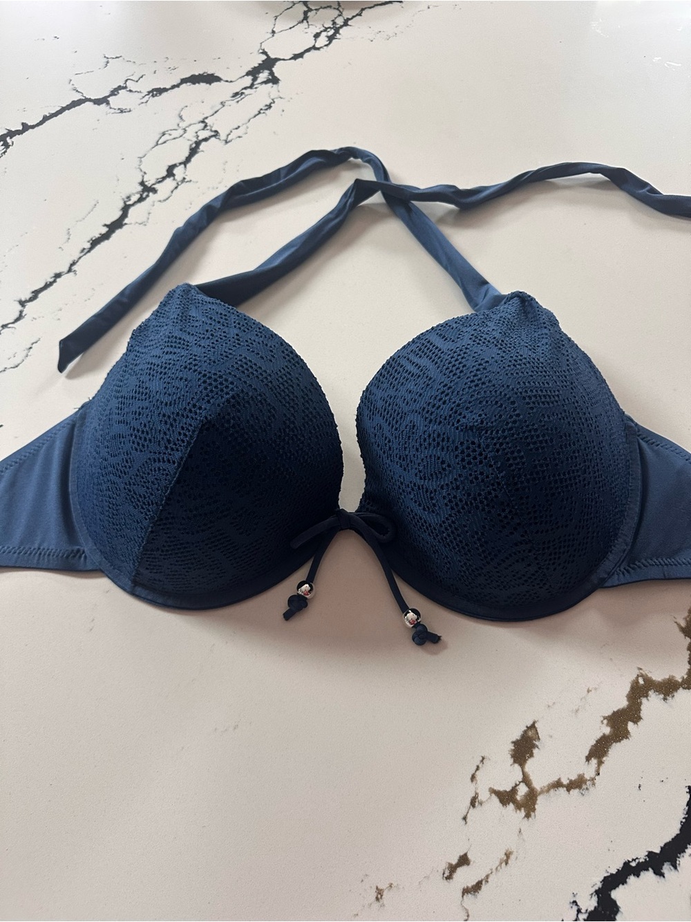Pour Moi Lace Padded Push-up Bikini Top, Halter Neck, Size 32FF UK/ 32H US, Blue - Picture 2 of 7
